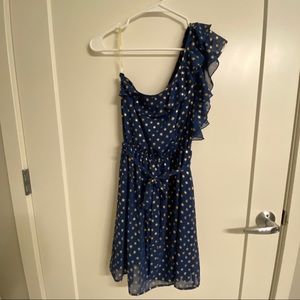 Blue with gold polka dots one shoulder dress.